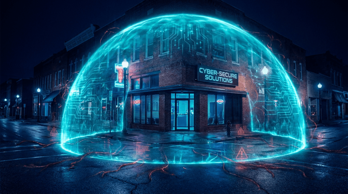 A small main-street business protected by a glowing cyan security shield against red ransomware threats at night