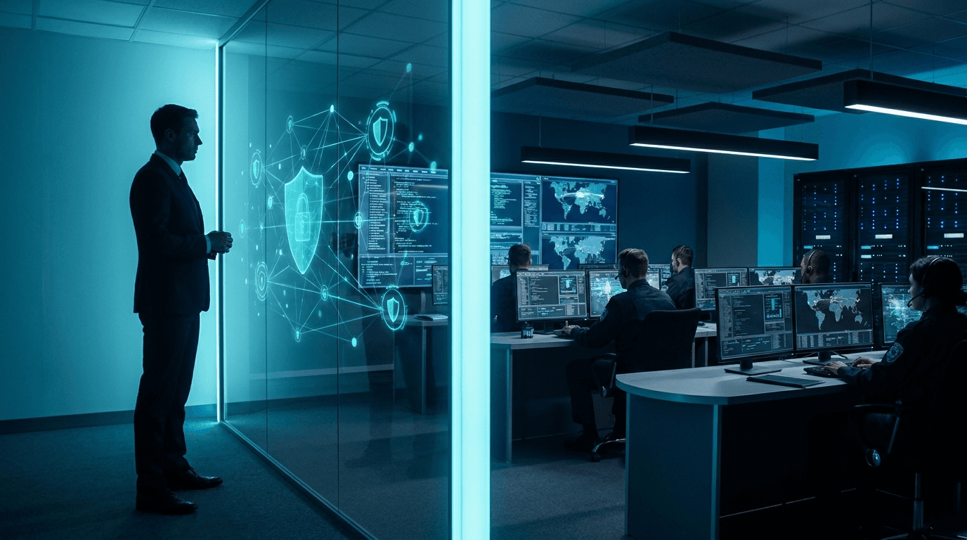 סצנה מפוצלת המנגידה בין fractional CISO אסטרטגי לבין מרכז תפעול אבטחה (SOC) של MSSP הפועל 24/7