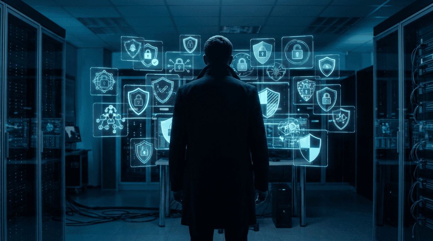 Business owner facing floating compliance framework badges (SOC 2, HIPAA, PCI, GDPR)