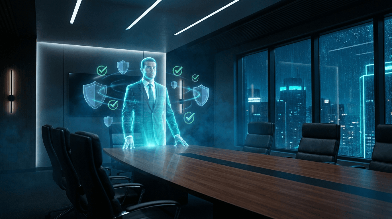 Holographic virtual CISO leading a corporate boardroom, representing CISO-as-a-service